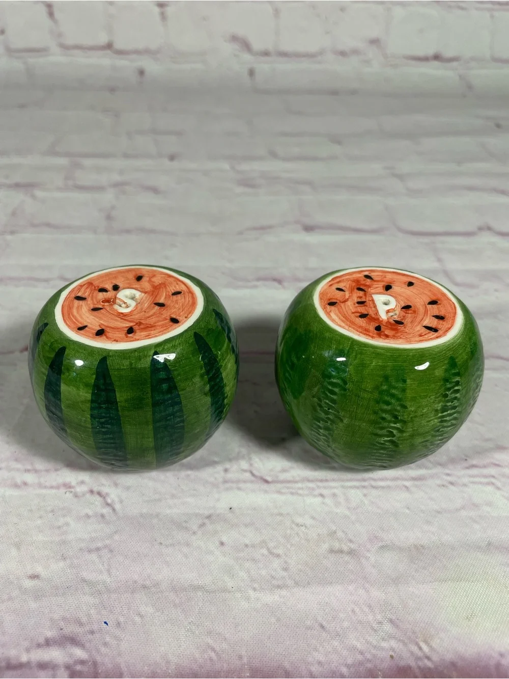 Vintage Hand Painted Ceramic Watermelon Salt and Pepper Shaker Set With Stoppers